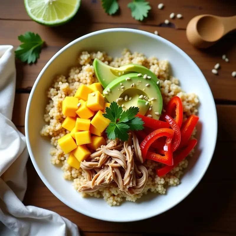 Bowl colorido con base de quinoa blanca, pollo de jackfruit dorado, pimiento rojo asado en tiras, aguacate en cubos, cebolla morada y mango fresco, bañado en aderezo cremoso de mango con semillas de sésamo y cilantro. Receta vegana hawaiana.
