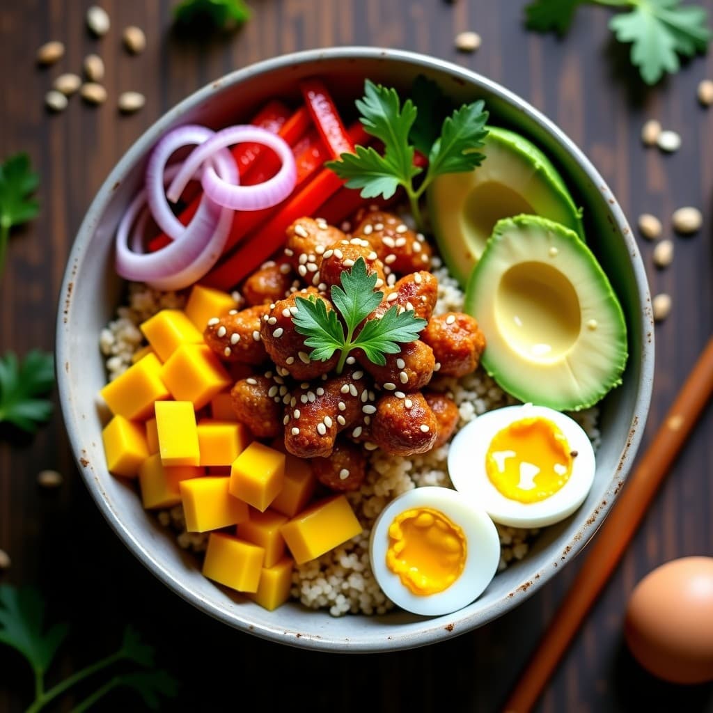 Bowl de quinoa blanca esponjosa con trozos dorados de pollo teriyaki, cubos de mango amarillo, pimiento rojo asado, brotes de soja y semillas de sésamo negro. Decorado con cebollino picado y aderezo brillante de sésamo y lima, sobre fondo rústico de madera.