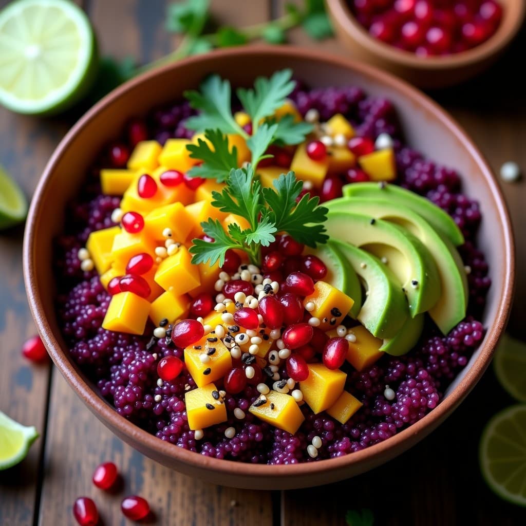 Bowl colorido con base de quinoa morada, ceviche de mango verde marinado en leche de tigre, aguacate en cubos, semillas de granada y sésamo tostado, sobre hojas de lechuga morada. Receta peruana sin pescado llena de antioxidantes.