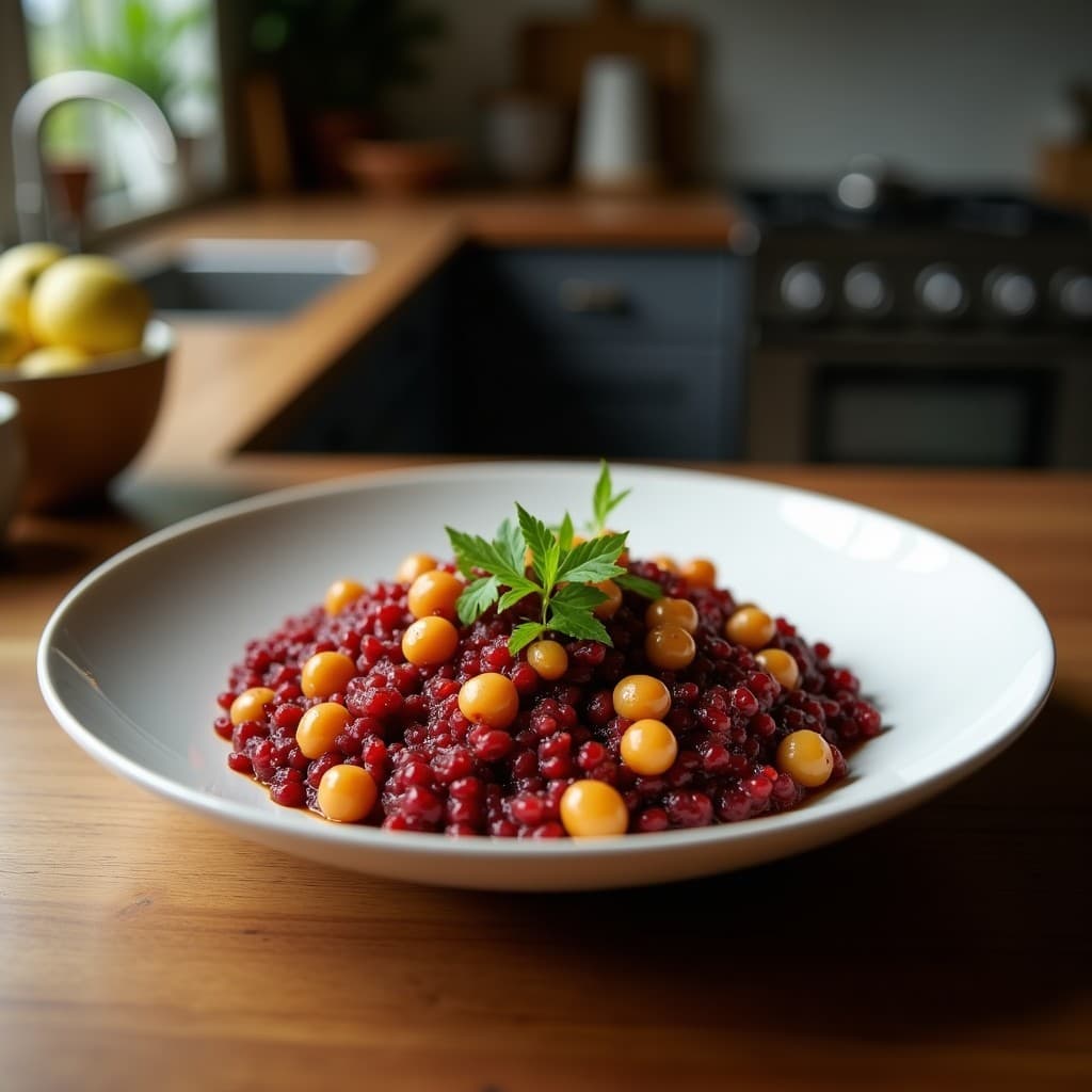Bowl de quinoa morada con garbanzos asados dorados, espinacas baby salteadas, semillas de sésamo y aderezo verde de muña, receta andina alta en hierro.