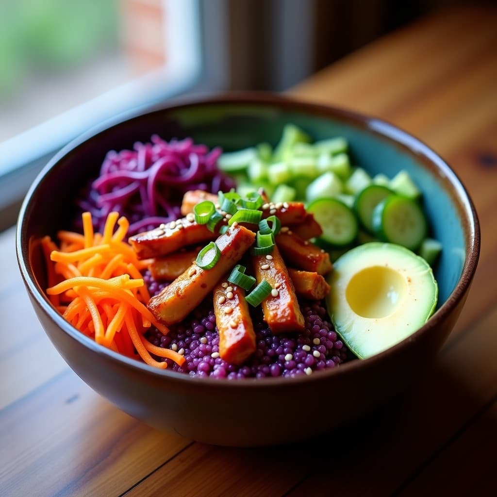 Bowl colorido con quinoa morada como base, tiras de pollo teriyaki brillantes, vegetales fermentados vibantes (repollo morado, pepino y zanahoria), aguacate en cubos y semillas de sésamo espolvoreadas. Receta fusion keto alta en proteína y probióticos.