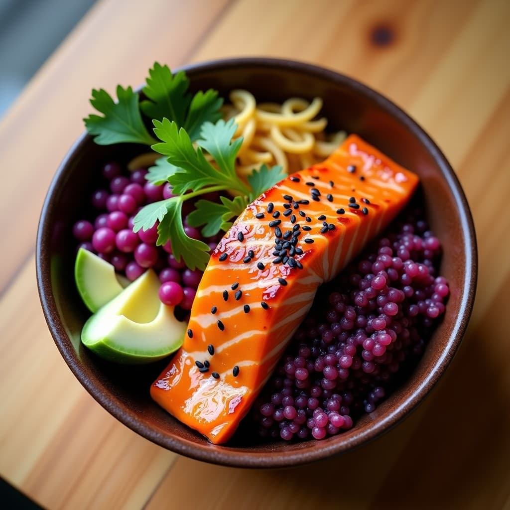 Bowl colorido con quinoa morada como base, salmón dorado glaseado en miso blanco, aguacate en cubos, maíz morado, pepino en juliana y cebolla morada, decorado con semillas de sésamo negro y cilantro fresco. Receta fusion japonesa-peruana.