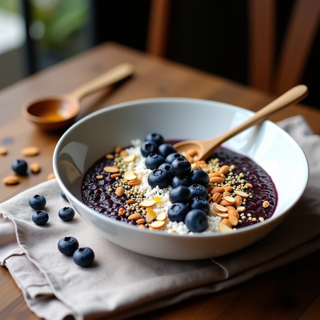 Bowl colorido de quinoa negra con arándanos frescos, espolvoreado con coco rallado y almendras fileteadas. Presentado en un plato de cerámica blanca con fondo rústico, resaltando los tonos morados y negros del desayuno peruano alto en antioxidantes.