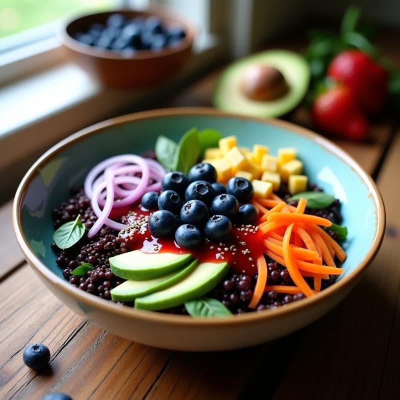Bowl colorido con quinoa negra, arándanos frescos, espinacas, zanahoria en juliana, aguacate en cubos y cebolla morada, bañado en aderezo de vinagre de frambuesa. Receta gluten-free llena de antioxidantes.
