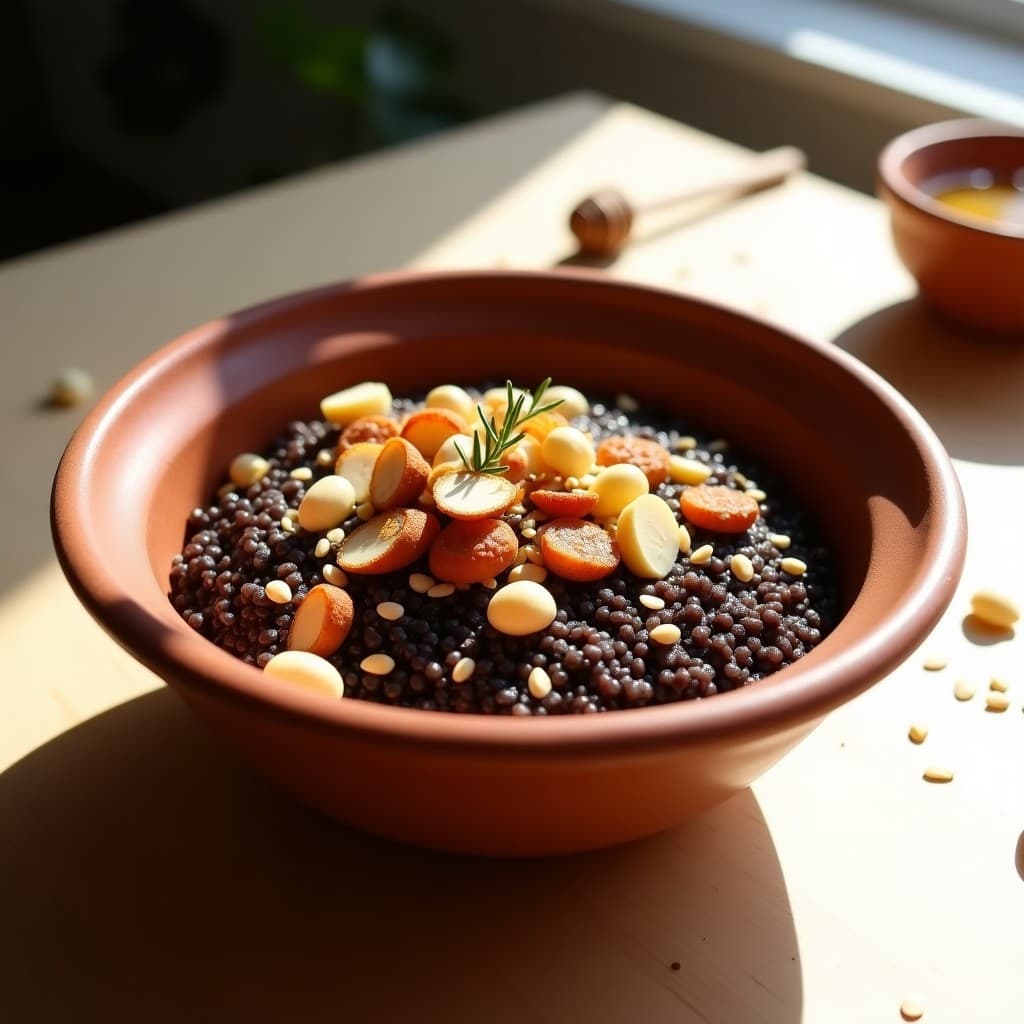 Bowl de quinoa negra con ciruelas pasas remojadas, almendras tostadas y semillas de sésamo, decorado con canela y miel de caña, sobre fondo rústico de madera con luz natural.