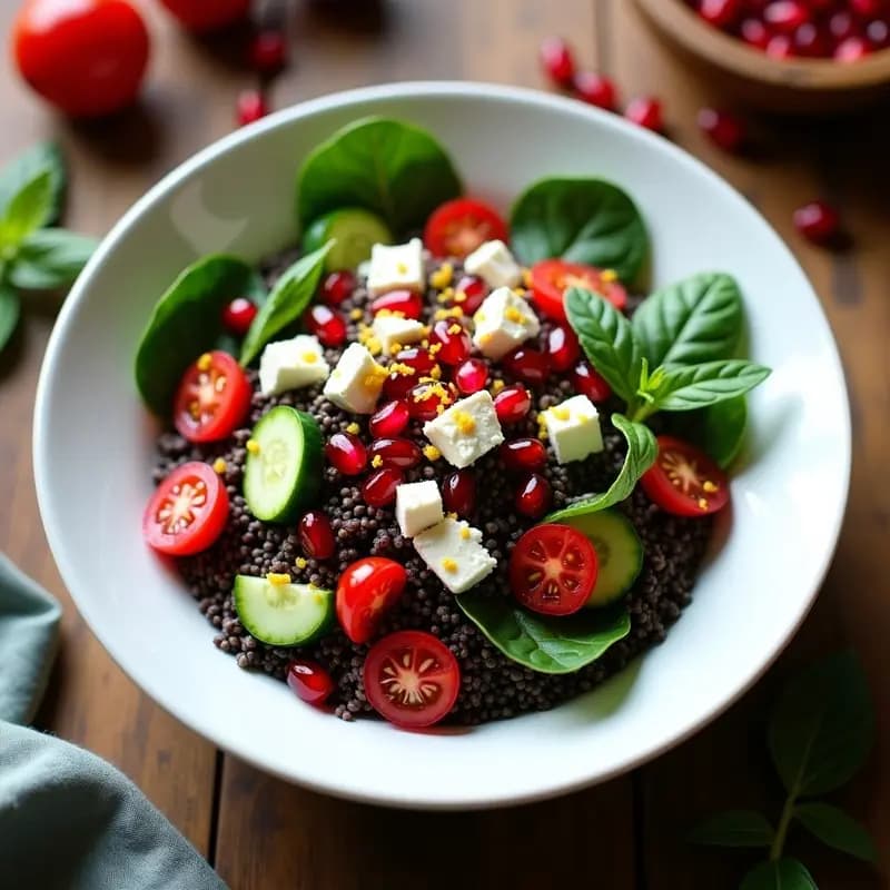 Bowl colorido con quinoa negra como base, feta de anacardos cremosa, granos de granada rojos brillantes, espinacas verdes, pepino y cebolla morada troceados. Receta sin lácteos y alta en fibra.