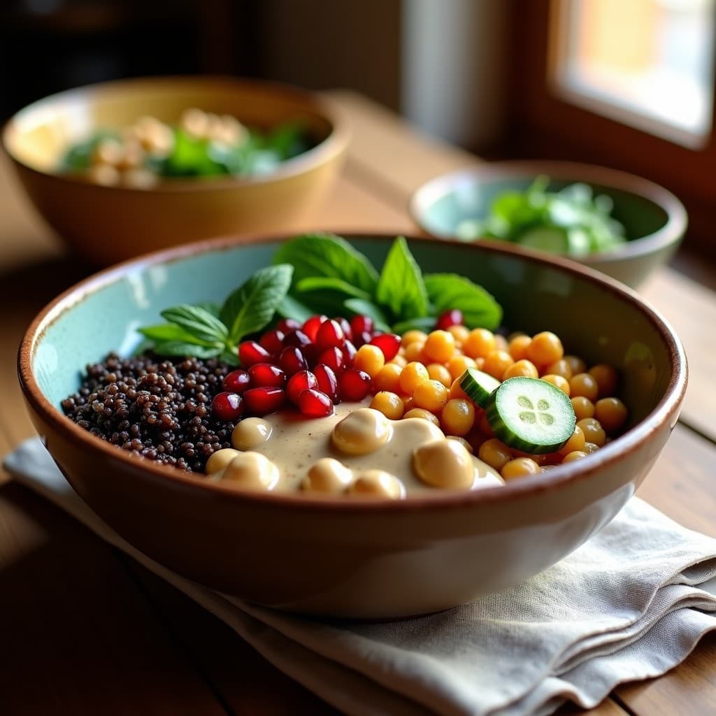 Bowl mediterráneo colorido con quinoa negra, garbanzos crujientes dorados, espinacas frescas, pepino en cubos, aceitunas kalamata, semillas de granada y salsa de tahini cremosa, decorado con hojas de menta.