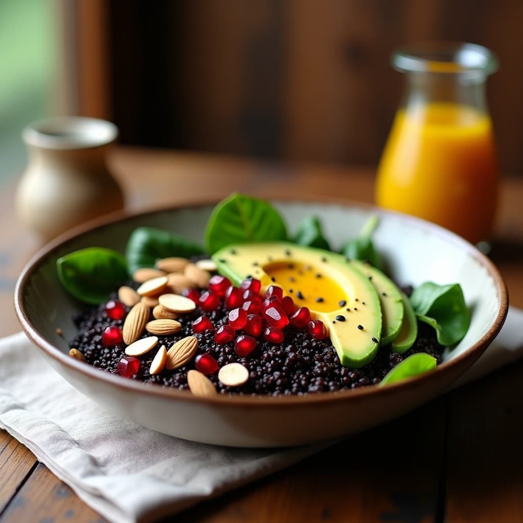 Bowl de Quinoa Negra y Granadas: Desayuno Antiinflamatorio con Vinagreta de Naranja