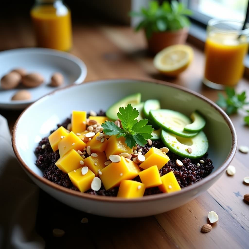 Bowl colorido con quinoa negra como base, cubos de mango amarillo, tiras de pepino verde, aguacate en dados y almendras fileteadas. Decorado con cilantro fresco y semillas de sésamo, con un aderezo brillante de limón y jengibre. Plato fresco y vibrante, ideal para llevar.