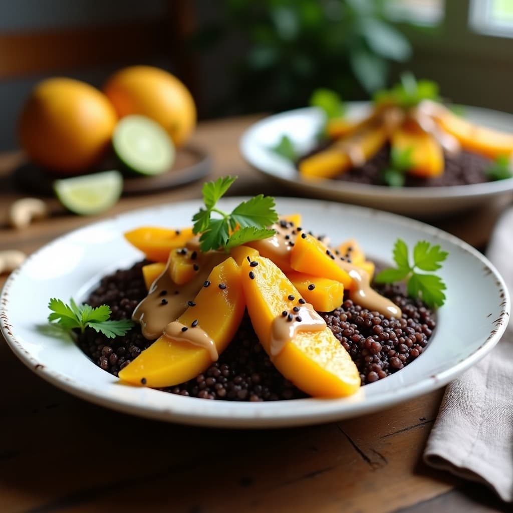 Bowl colorido con quinoa negra, mango asado dorado, salsa de cacahuete cremosa, semillas de chía y cilantro fresco, servido en un plato hondo de cerámica blanca sobre fondo rústico de madera.