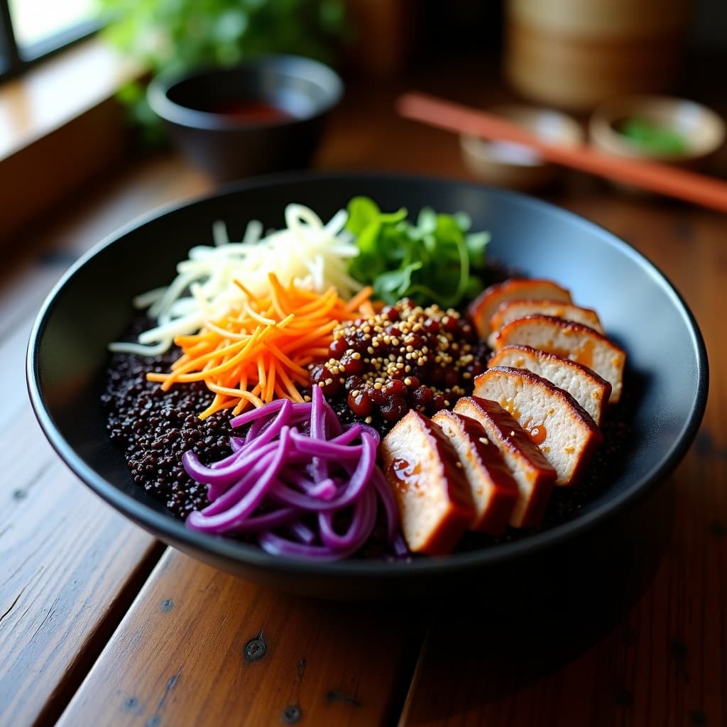 Buddha Bowl de quinoa negra con trozos de pato al hoisin dorado, kimchi de col china, zanahoria morada, pimiento rojo y brotes de soja, servido en un bol de cerámica oscura con semillas de sésamo negro y salsa hoisin al lado. Receta china alta en hierro.