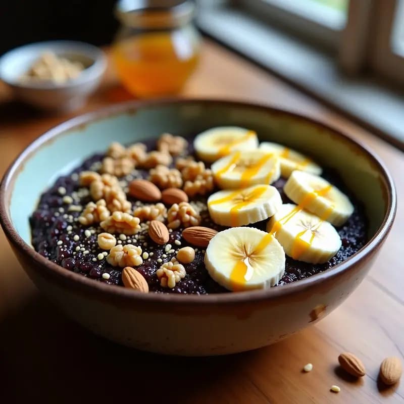 Bowl de quinoa negra cocida con un color dorado intenso por la cúrcuma, coronado con rodajas de plátano, nueces troceadas, almendras fileteadas y semillas de chía. Toque final de miel y canela espolvoreada. Plato colorido y apetitoso, típico desayuno andino alto en proteína.
