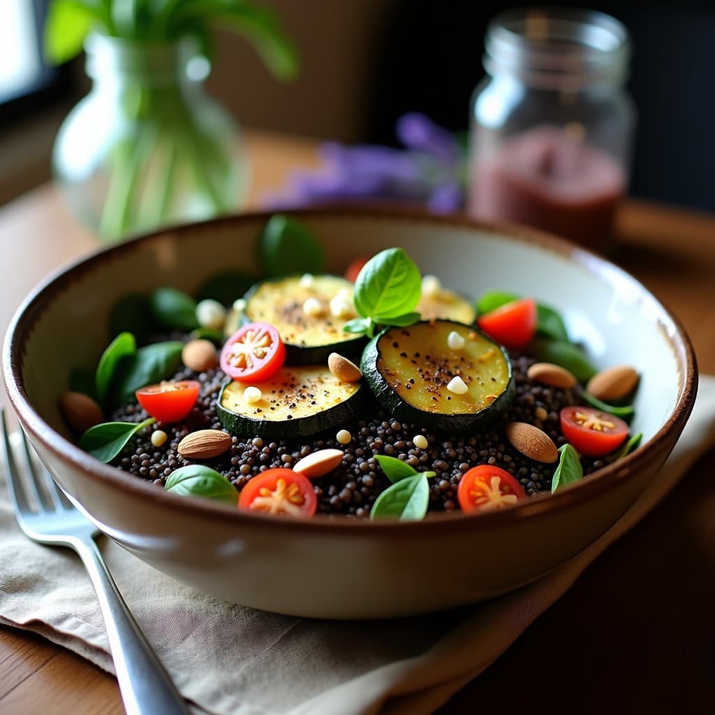Bowl de quinoa negra con hierbas de Provenza y calabacín asado dorado, servido sobre hojas de espinaca fresca, con tomates cherry, cebolla morada, almendras tostadas y semillas de girasol. Desayuno francés vegano colorido y apetitoso.