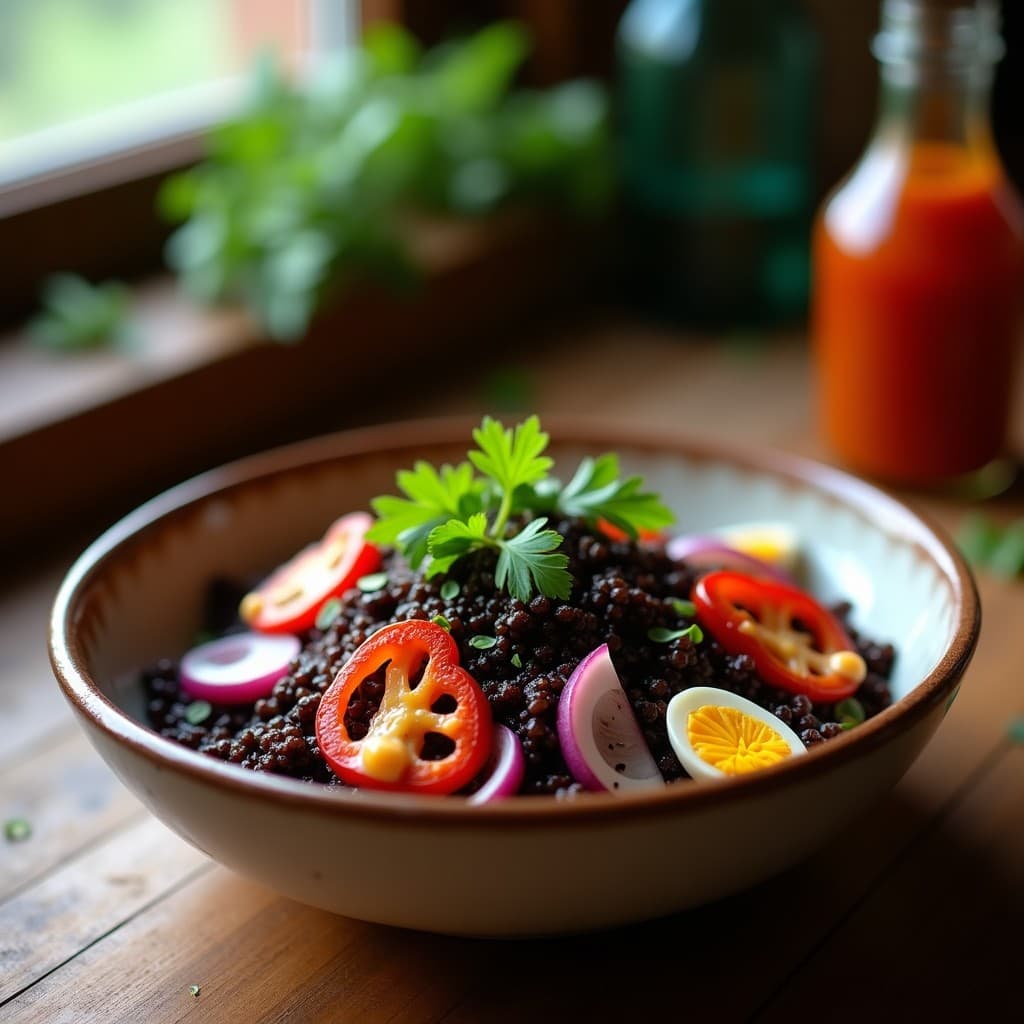 Bowl de quinoa negra con trozos de pulpo a la gallega, pimiento rojo asado, cebolla morada, huevo duro y perejil, bañado en vinagreta de pimentón de la Vera. Plato colorido y apetitoso sobre fondo rústico.
