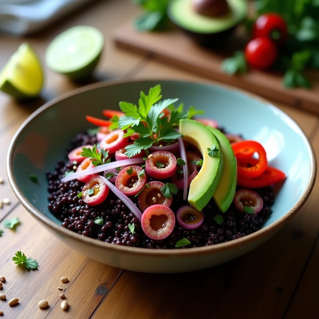 Bowl de quinoa negra con pulpo tierno, aguacate, cebolla roja y pimiento asado, bañado en vinagreta de limón brillante, decorado con cilantro y semillas de sésamo. Plato gourmet peruano alto en proteína y sin gluten.