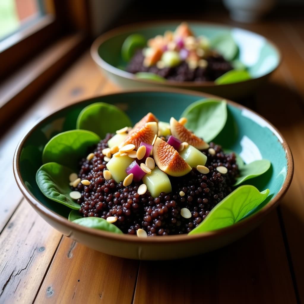 Bowl colorido con base de espinacas frescas, quinoa negra cocida, relish de higos verdes y cebolla morada, decorado con almendras fileteadas tostadas y semillas de sésamo. Plato saludable y alto en fibra de inspiración peruana.