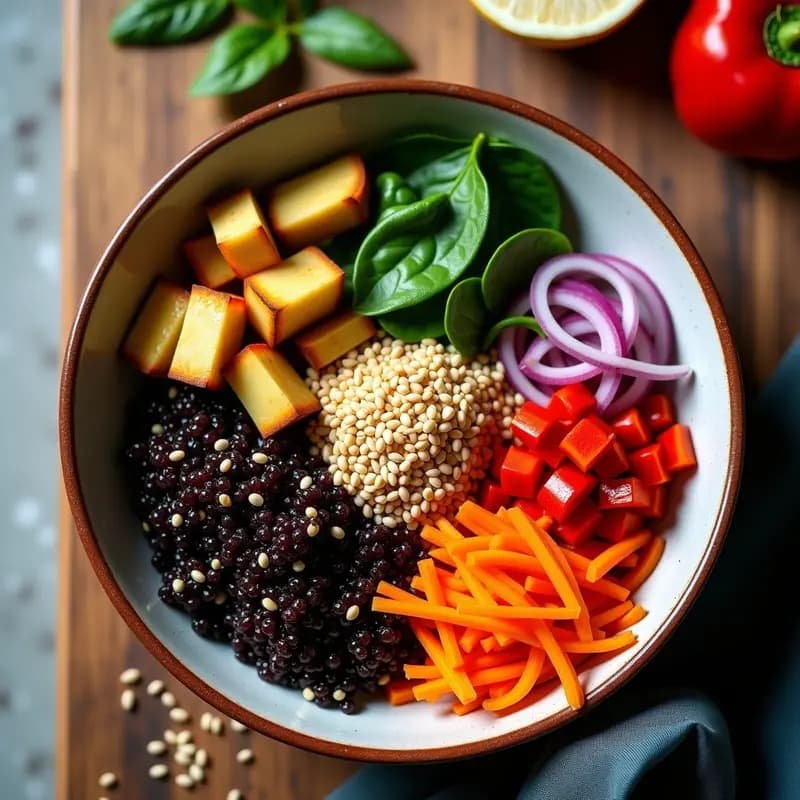 Bowl colorido con quinoa negra, cubos dorados de topinambur, espinacas frescas, zanahoria en juliana, pimiento rojo y cebolla morada. Aderezo brillante de vinagre de sidra y semillas de sésamo espolvoreadas. Receta andina sin gluten ideal para tupper.