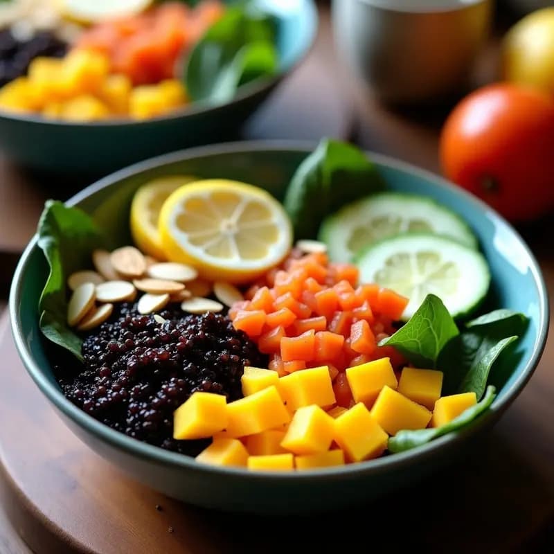 Bowl colorido con quinoa negra, mango en cubos, espinacas, zanahoria rallada, pepino y almendras, bañado en aderezo de limón y jengibre. Receta de desayuno peruano detox.