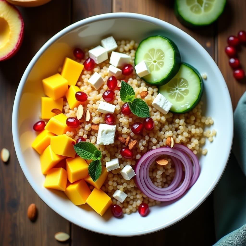 Bowl de quinoa blanca con trozos de mango dorado, pepino fresco, cebolla morada, almendras tostadas y semillas de granada, decorado con hojas de polemone griego y queso feta desmenuzado. Receta griega fresca y sin gluten servida en un plato de cerámica blanca sobre fondo rústico de madera.