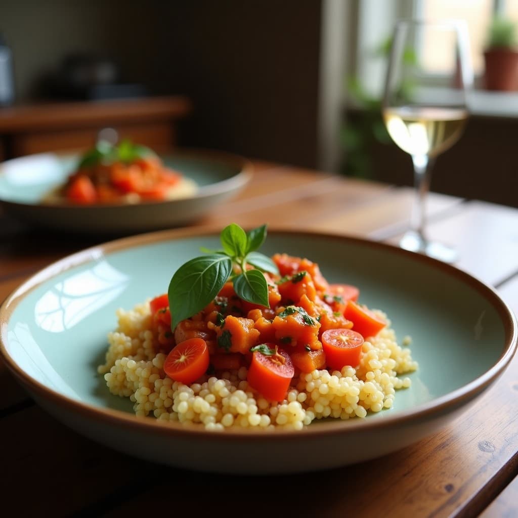 Bowl de quinoa blanca con cubos de remolacha asada dorada, espinacas frescas y vinagreta de mostarda, decorado con almendras fileteadas y semillas de sésamo negro. Receta italiana vegana y sin lactosa, servida en un plato hondo de cerámica blanca.