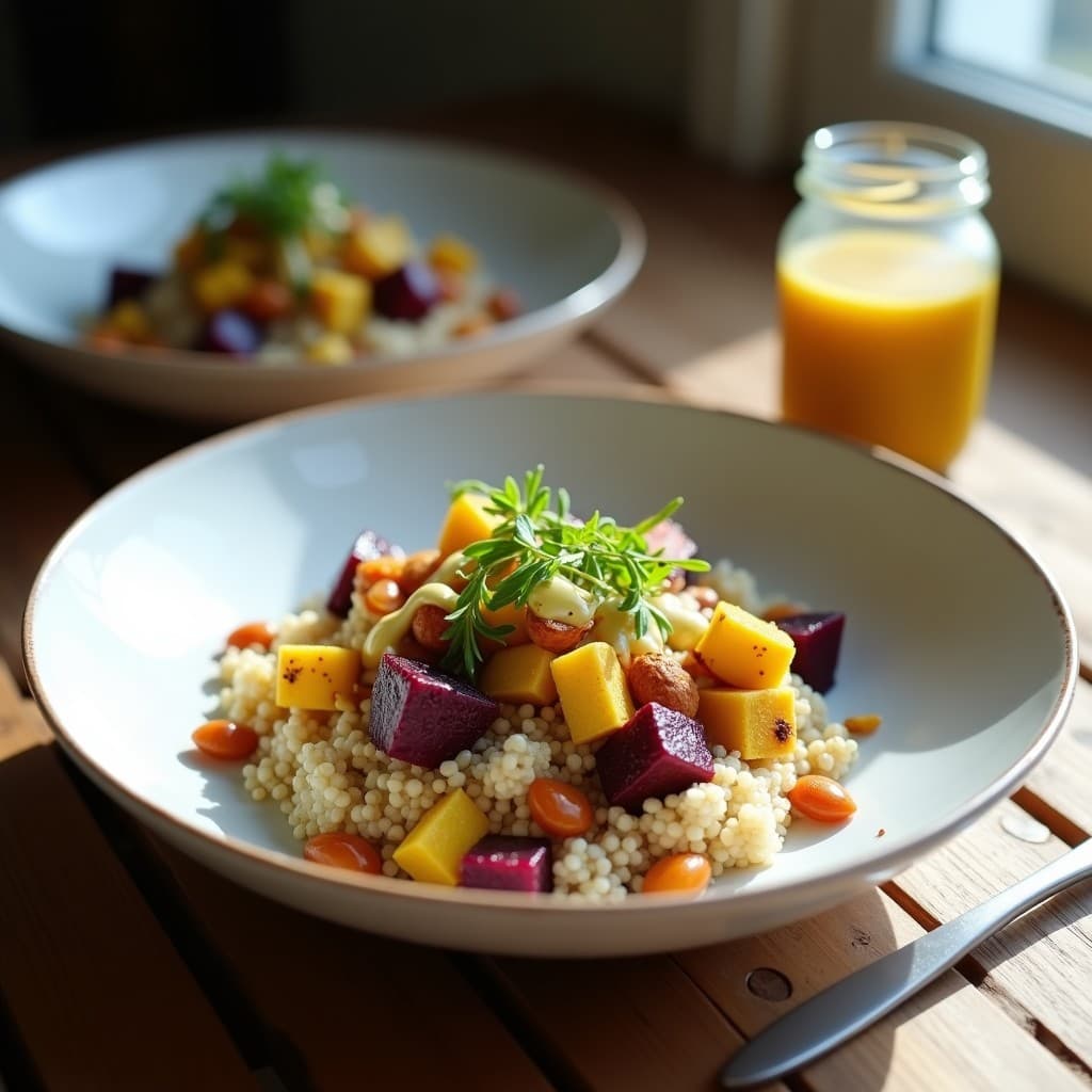 Bowl de cerámica blanca con quinoa esponjosa, cubos de remolacha asada dorada, hinojo en juliana, almendras tostadas y vinagreta de mostaza de Dijon, decorado con cebollino fresco. Plato colorido y equilibrado, típico desayuno francés alto en nutrientes.
