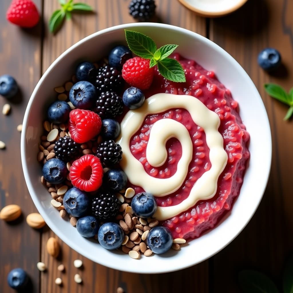 Bowl hondo de cerámica blanca con quinoa roja como base, cubierto de arándanos, frambuesas y moras frescas, crema de macadamia vertida en espiral, semillas de chía, coco rallado, cacao nibs y hojas de menta. Plato colorido y saludable, ideal para un desayuno australiano sin lactosa.
