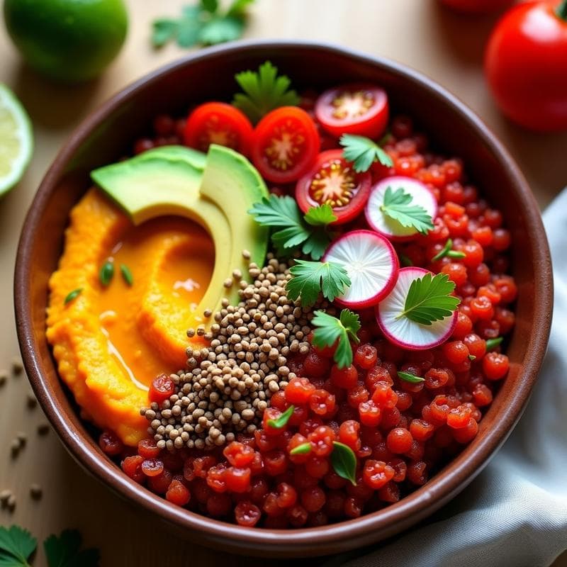 Bowl colorido con quinoa roja boliviana como base, puré de calabaza cremoso con especias, aguacate en cubos, tomates cherry, germinados de rábano y semillas de chía tostadas doradas. Decorado con hojas de cilantro fresco y un hilo de aceite de oliva.