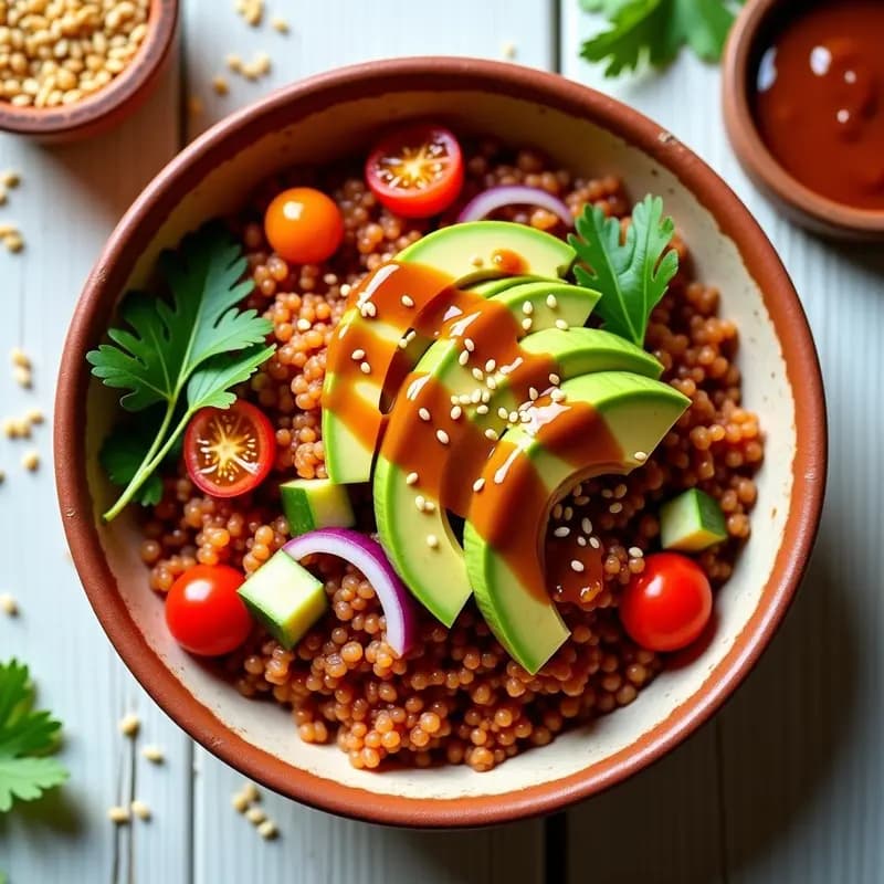 Bowl colorido con base de quinoa roja, higuitos cortados por la mitad, aguacate en cubos, pepino y cebolla morada, decorado con semillas de sésamo y cilantro fresco, bañado en aderezo de tamarindo. Receta colombiana vegana.