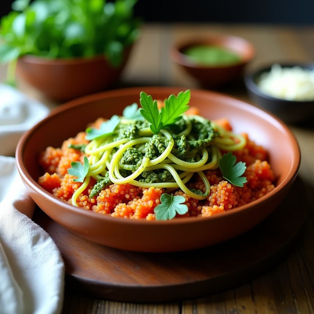 Bowl colorido con quinoa roja, spaghetti de calabacín verde claro y un vibrante pesto de cilantro verde. Decorado con semillas de sésamo tostadas y hojas de cilantro fresco. Plato saludable, keto y peruano.