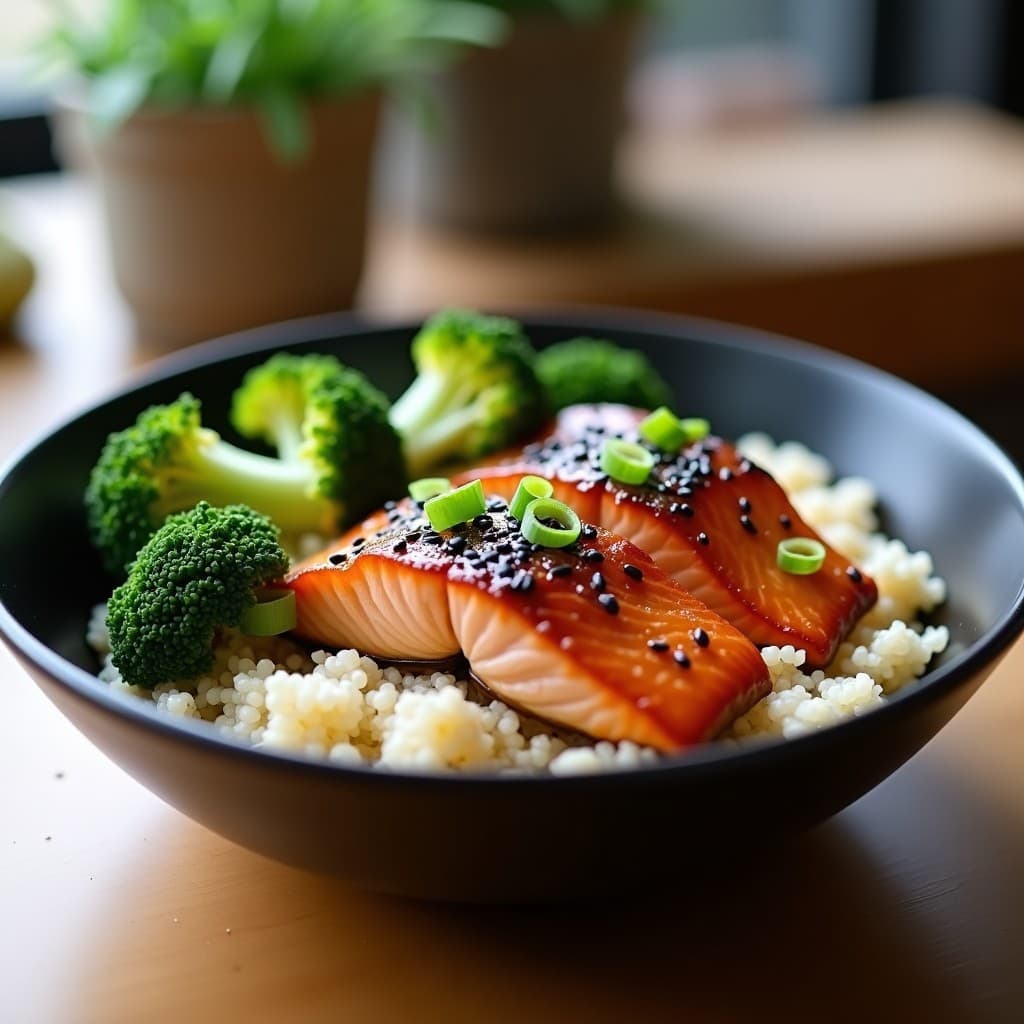 Bowl asiático de quinoa blanca esponjosa con filetes de salmón teriyaki glaseado, brócoli crujiente dorado, semillas de sésamo negro y cebollino fresco, servido en un recipiente hondo de cerámica oscura sobre fondo de madera clara.