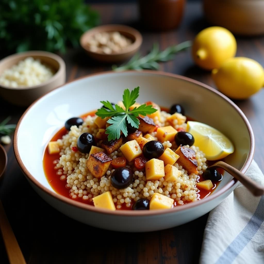 Bowl hondo de cerámica blanca con quinoa esponjosa, cubos de berenjena dorada, tomates caramelizados y almendras tostadas, decorado con perejil fresco y hojas de menta. Plato de receta griega vegana en olla express con colores vibrantes y texturas contrastadas.