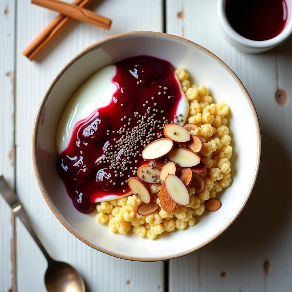 Bowl hondo de cerámica blanca con bcessant de quinua inflada dorada, yogur de soja cremoso, mermelada de arándanos brillante y almendras tostadas. Desayuno proteico sin gluten con texturas contrastadas.