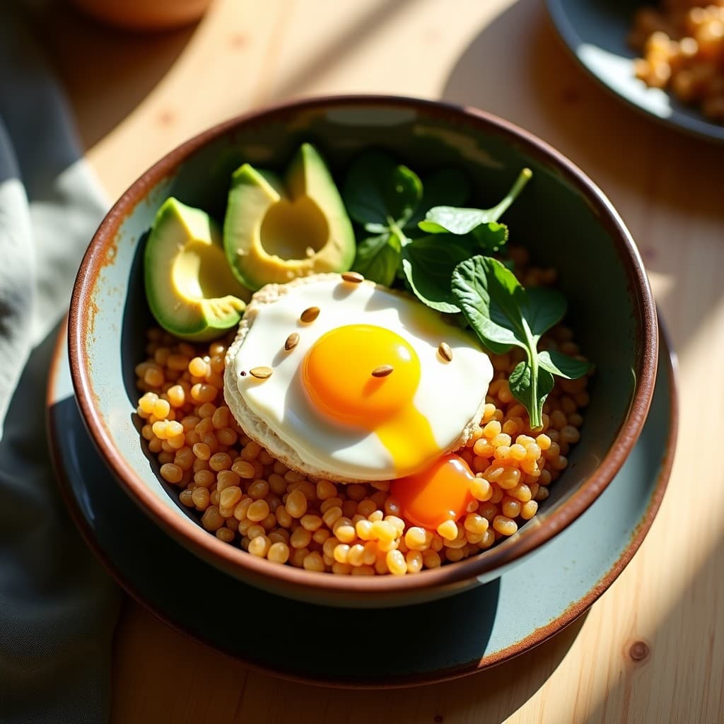 Bowl colorido con base de trigo sarraceno y espinacas, coronado con huevo pochado, aguacate en rodajas y salsa de tamarindo. Decorado con semillas de sésamo y un hilo de aceite de oliva. Desayuno australiano sin gluten, saludable y alto en proteína.