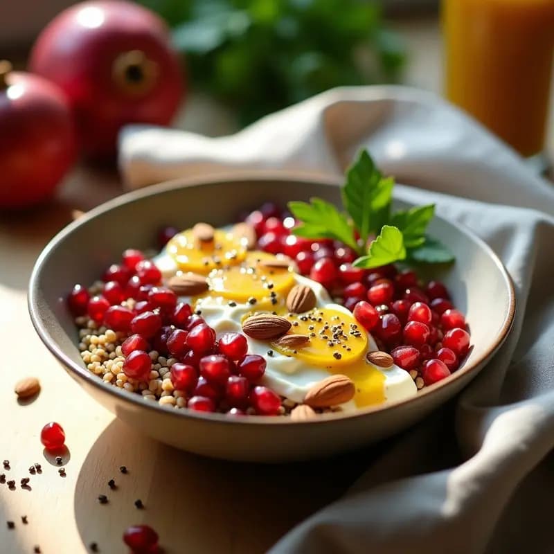Bowl de desayuno antioxidante sin gluten con trigo sarraceno, semillas de granado rojas, vinagreta dorada de granadilla, almendras fileteadas y perejil fresco, servido en un plato hondo de cerámica blanca sobre fondo rústico.