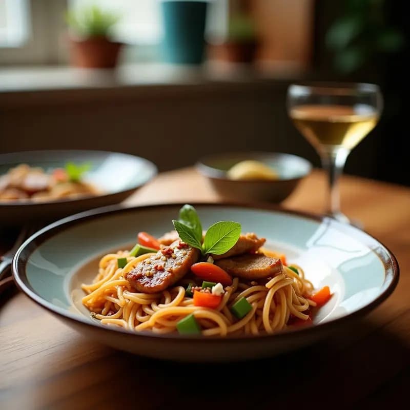Bowl hondo de cerámica blanca con base de sarrasin, pollo teriyaki glaseado en tiras, brócoli y zanahoria al vapor, decorado con semillas de sésamo y cebolla morada. Receta francesa Kantō saludable y alta en proteínas.