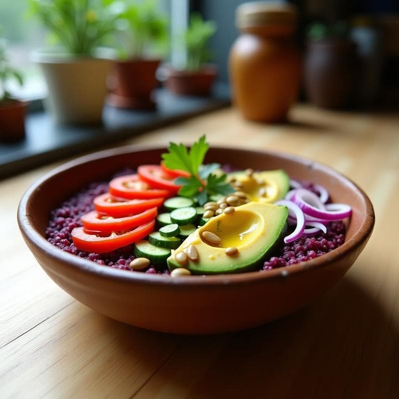 Bowl colorido con sémola de maíz morado en la base, trozos de aguacate cremoso, tomate, pepino y cebolla morada encima. Aderezo dorado de mostaza y miel y decoración con cilantro y semillas de girasol. Receta de desayuno peruano energético.