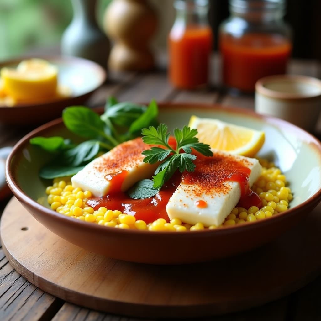 Bowl colorido de sémola de maíz amarilla con filetes de merluza blanca desmenuzada, aguacate en cubos, espinacas frescas y salsa mojo picón rojiza, servido en un plato hondo de cerámica rústica con gajos de limón y perejil fresco.