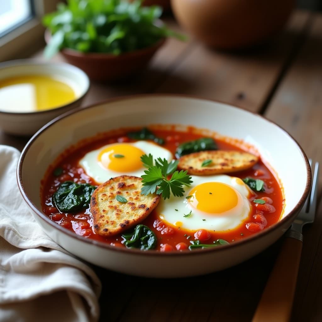 Bowl hondo de cerámica blanca con shakshuka humeante: salsa de tomate especiada con espinacas frescas, huevos escalfados con yemas líquidas y rodajas doradas de queso halloumi. Decorado con perejil fresco y un chorrito de aceite de oliva. Plato colorido y apetitoso, ideal para un desayuno alto en proteína.