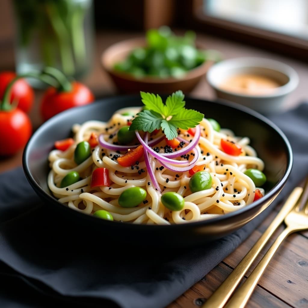 Bowl colorido de fideos shirataki salteados con edamame verde, pimiento rojo en tiras y espinacas baby, bañado en salsa de cacahuete cremosa. Decorado con semillas de sésamo negro, cebollino picado y un toque de aceite de sésamo. Receta keto alta en fibra y proteína vegetal.