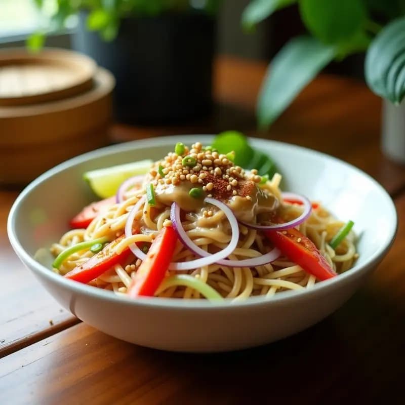 Bowl colorido con fideos shirataki salteados, brotes de soja frescos, cebolla morada, pimiento rojo y salsa de cacahuete cremosa. Decorado con cilantro y semillas de sésamo, receta tailandesa keto baja en carbohidratos.