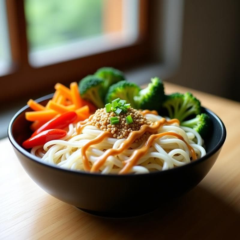 Bowl blanco con fideos shirataki transparentes, brócoli al vapor, zanahoria en juliana y espinacas, cubiertos con salsa de cacahuete cremosa, semillas de sésamo y cebollino. Receta vegana y baja en calorías.