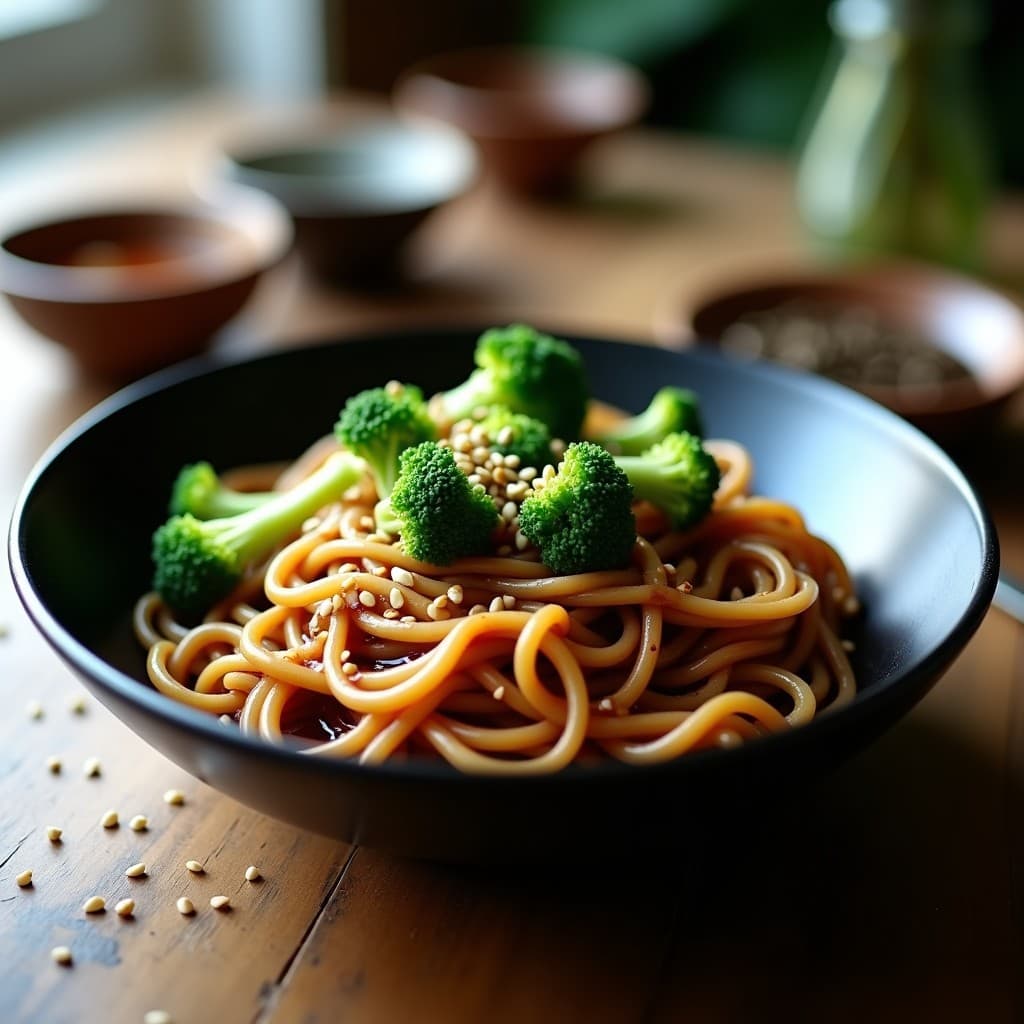 Bowl de fideos shirataki brillantes con salsa teriyaki oscura, brócoli al vapor de color verde intenso y semillas de sésamo tostadas espolvoreadas, servido en un plato hondo negro con fondo de madera rústica.