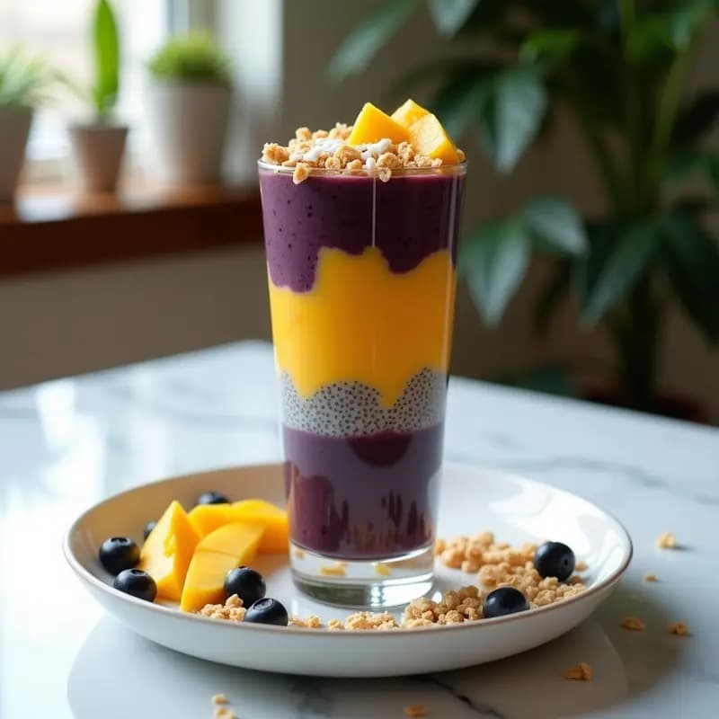 Vaso transparente alto con capas vibrantes de smoothie: morado intenso de açaí en la base, amarillo dorado de mango en el centro y gel de chía blanca en la superficie, decorado con granola crujiente, coco rallado y arándanos frescos. Desayuno brasileño saludable y fotogénico.