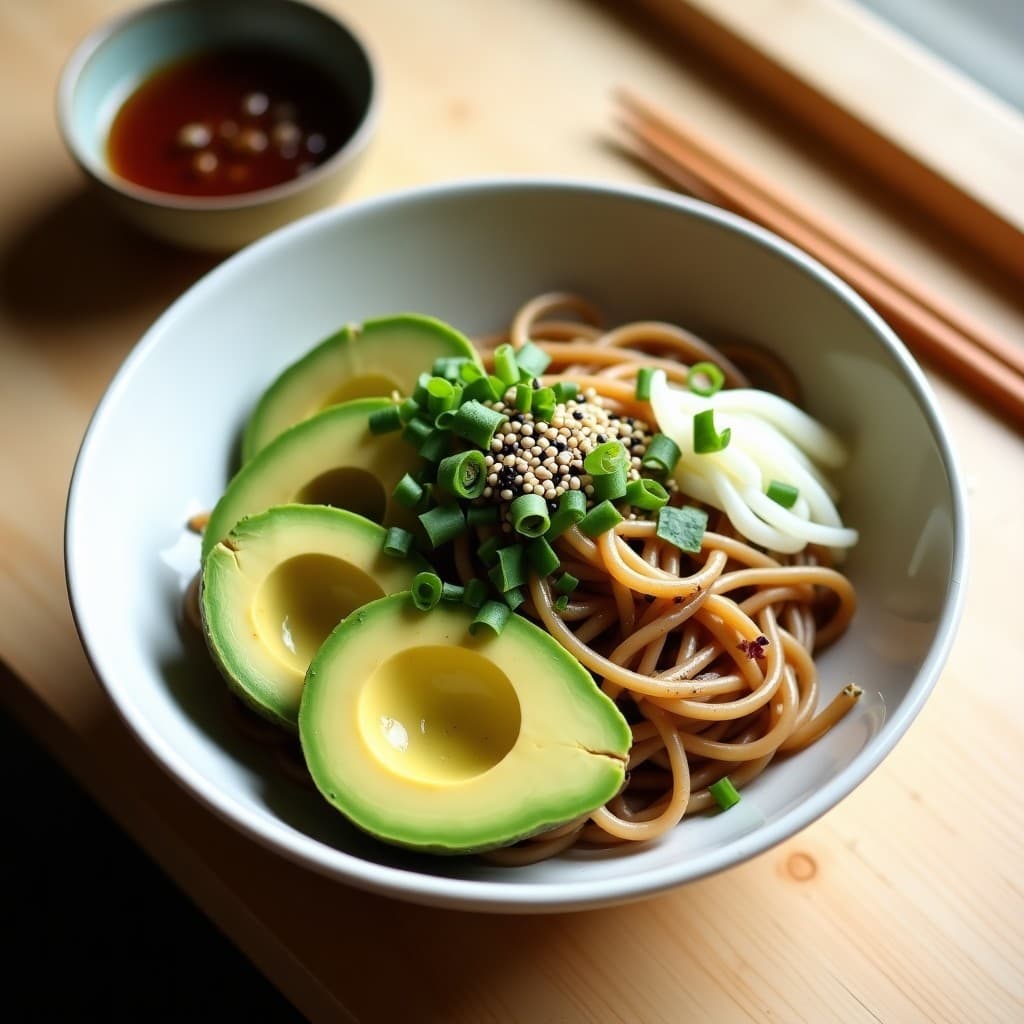 Bowl de cerámica blanca con fideos soba fríos, láminas de aguacate cremoso, semillas de sésamo negro y blanco tostado, rábanos daikon rallados y hojas de shiso morado. Receta japonesa vegana y fría de bowls de soba con aguacate y sésamo.