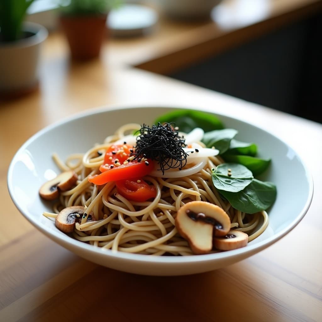 Bowl de soba con fideos de trigo sarraceno fríos, hongos shiitake dorados salteados, espinacas baby, cebolla morada y pimiento rojo en juliana, decorado con semillas de sésamo negro y blanco, algas nori en tiras y vinagreta de sésamo negra. Plato vegano japonés bajo en calorías servido en un bol hondo de cerámica blanca sobre fondo de madera clara.
