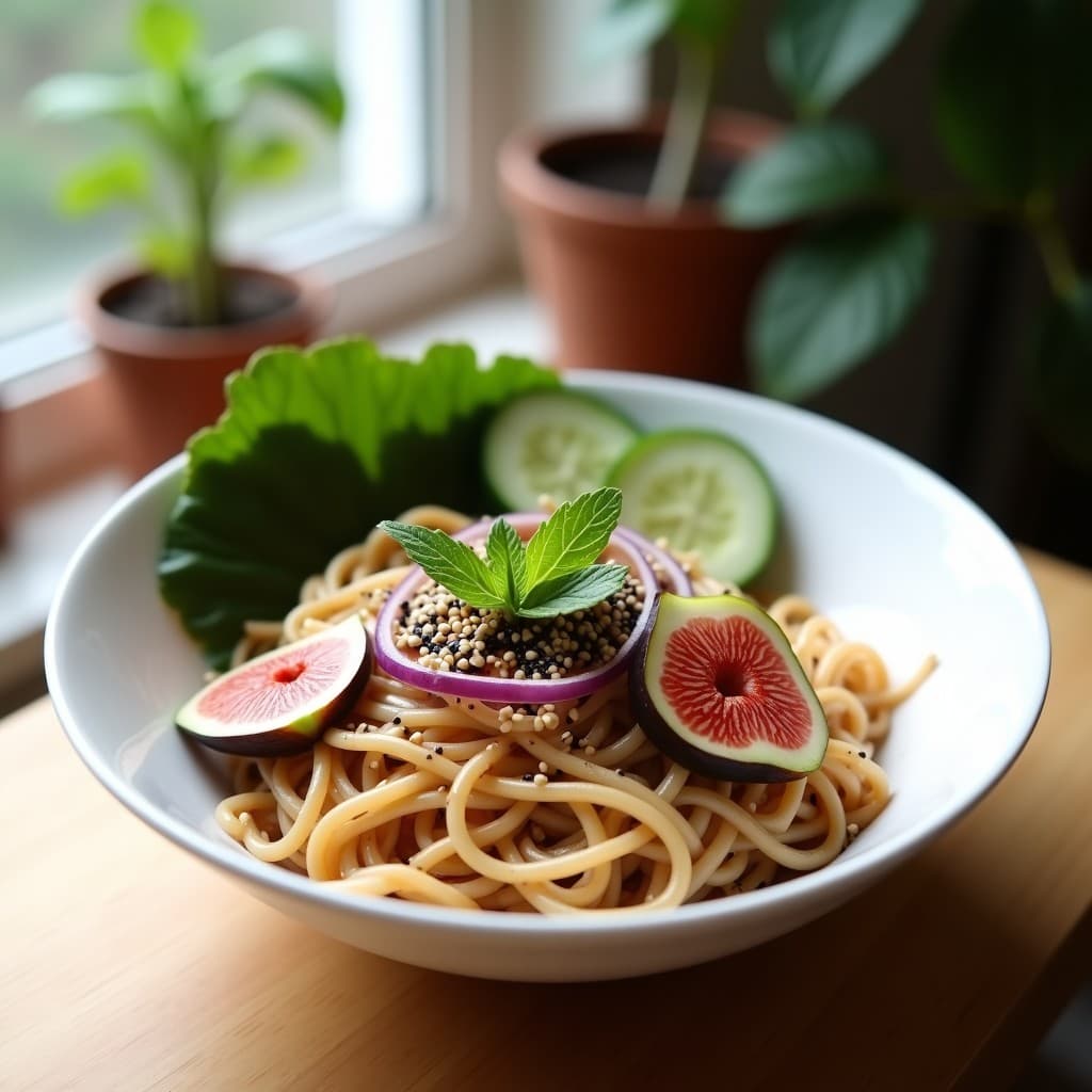 Bowl de soba frío con fideos de trigo sarraceno, higos frescos en cuartos, pepino en juliana, sésamo negro espolvoreado y hierbas frescas, servido en un plato hondo de cerámica blanca con aderezo cremoso de tahini y jengibre.