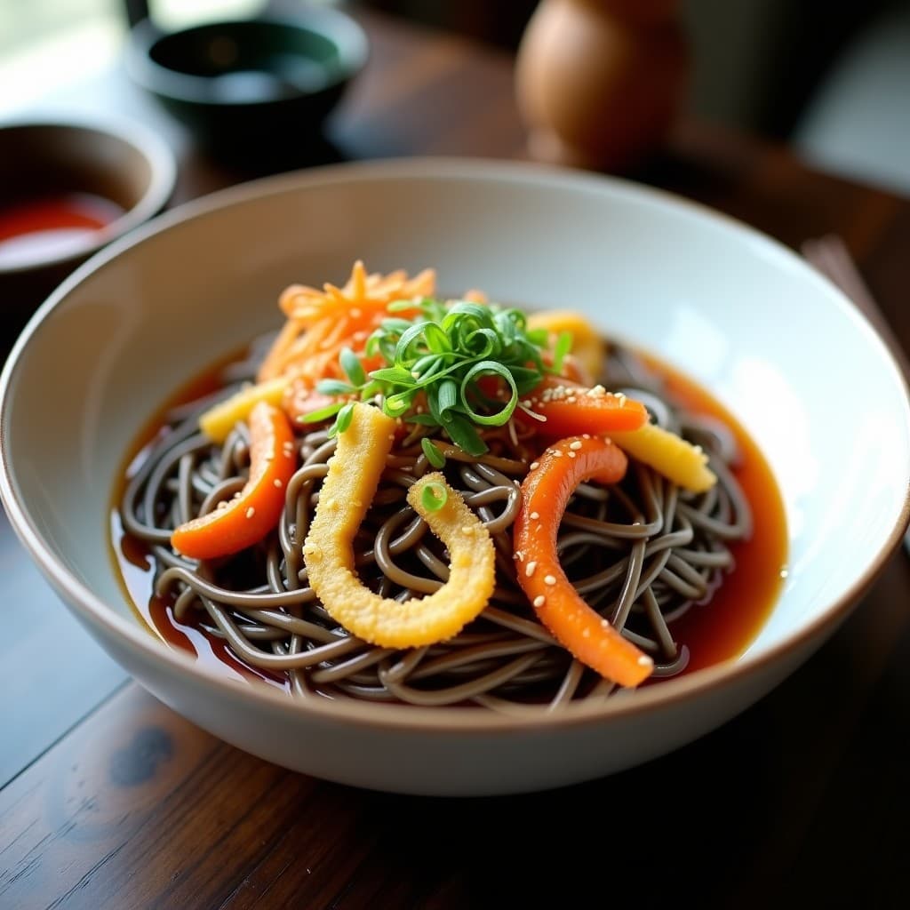 Bowl de soba con fideos de trigo sarraceno, tempura de calabacín, zanahoria y brócoli dorados y crujientes, salsa ponzu brillante, decorado con semillas de sésamo, cebollino y alga nori. Plato japonés colorido y apetecible servido en un bol negro.