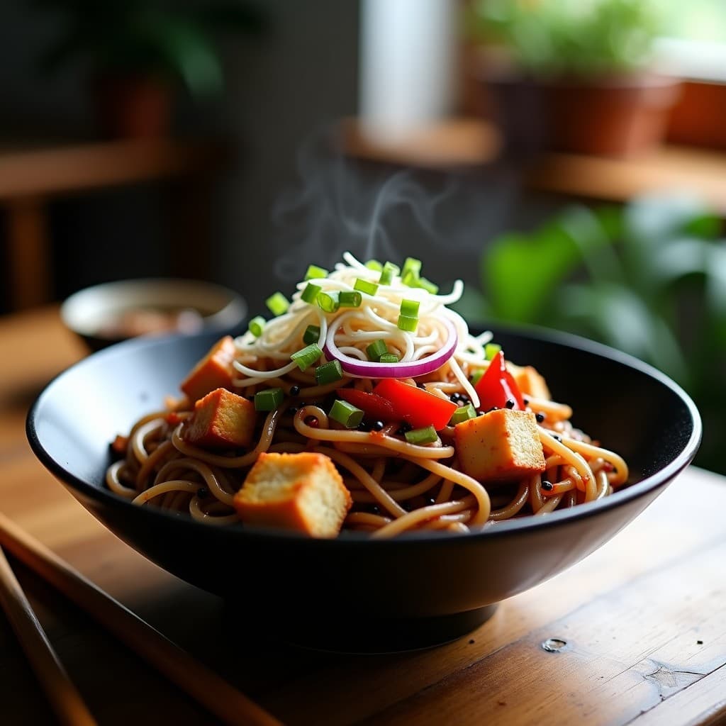Bowl hondo de cerámica negra con fideos soba oscuros, tofu ahumado dorado en cubos, pimiento rojo y cebolla morada salteados, brotes de soja frescos, semillas de sésamo negro y cebollino picado. Salsa teriyaki de miso negro brillante cubriendo los ingredientes, con un fondo de mesa de madera y utensilios japoneses.