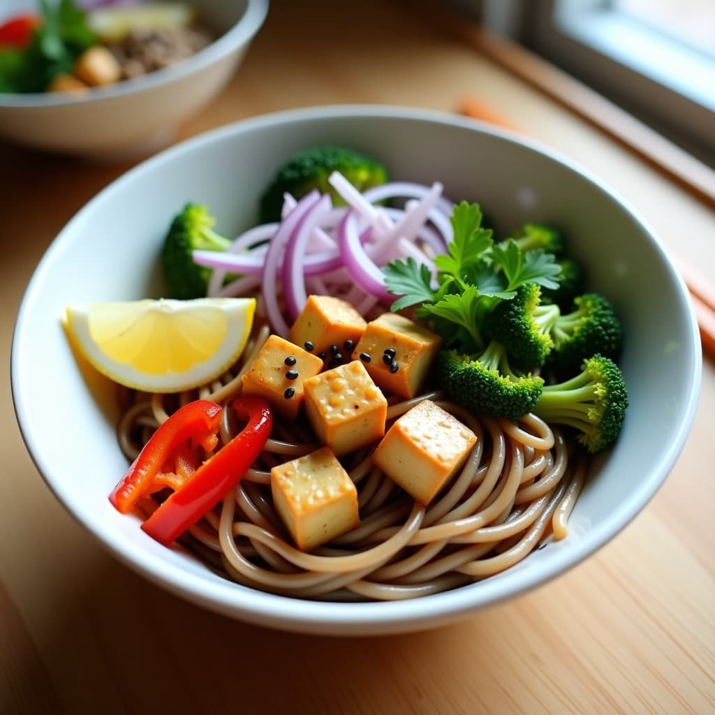 Bowl de soba con fideos de trigo sarraceno, tofu dorado marinado en miso, brócoli al vapor vibrante, cebolla morada, pimiento rojo y semillas de sésamo negro, servido en un plato hondo blanco con cilantro fresco y rodajas de limón. Receta japonesa baja en calorías.