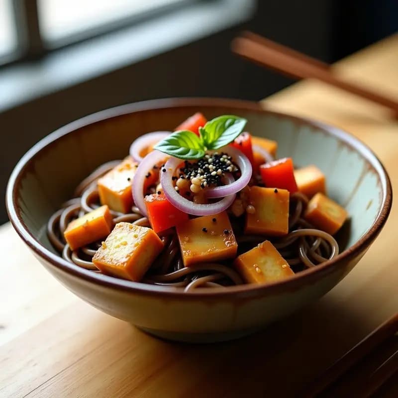 Bowl japonés con fideos soba marrones, tofu dorado y crujiente, cebolla morada y pimiento rojo salteados, bañado con un aderezo cremoso de miso y ciruela umeboshi, decorado con semillas de sésamo negro y blanco.